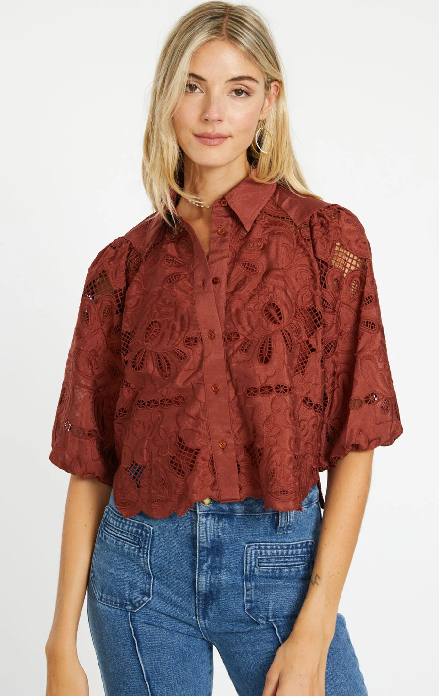 JULIETTE FIRED BRICK LACE TOP