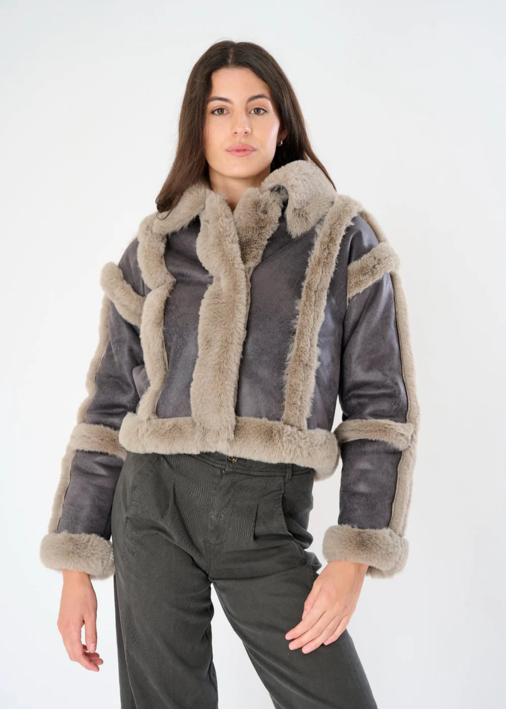 ROSA DISTRESSED SCUBA SUEDE FAUX FUR TRIM JACKET