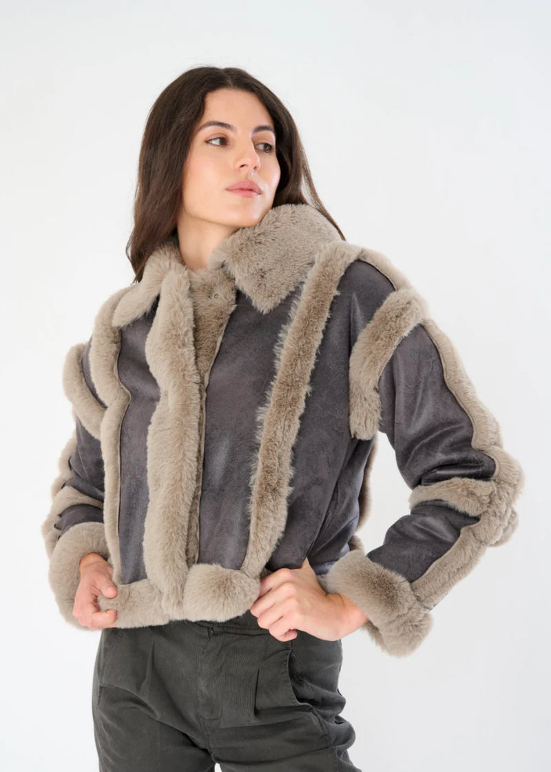 ROSA DISTRESSED SCUBA SUEDE FAUX FUR TRIM JACKET