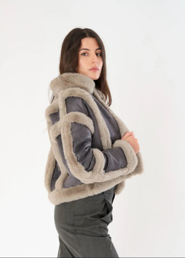 ROSA DISTRESSED SCUBA SUEDE FAUX FUR TRIM JACKET