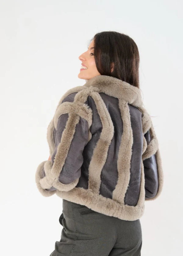 ROSA DISTRESSED SCUBA SUEDE FAUX FUR TRIM JACKET