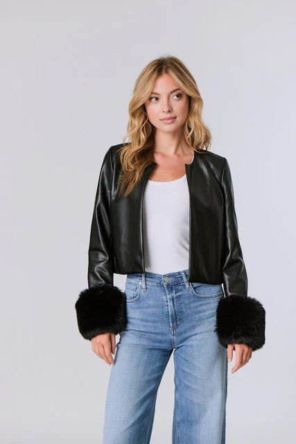 FAUX LEATHER CARDI WITH FUR CUFFS