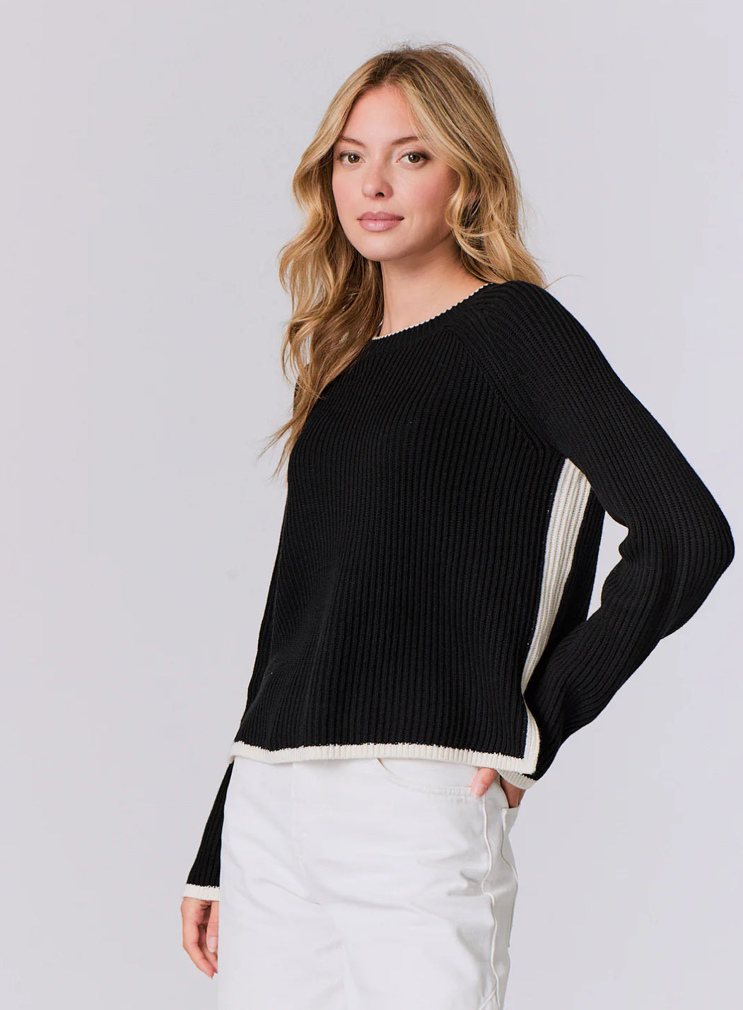 Contrast Trim Crew in Black Ivory