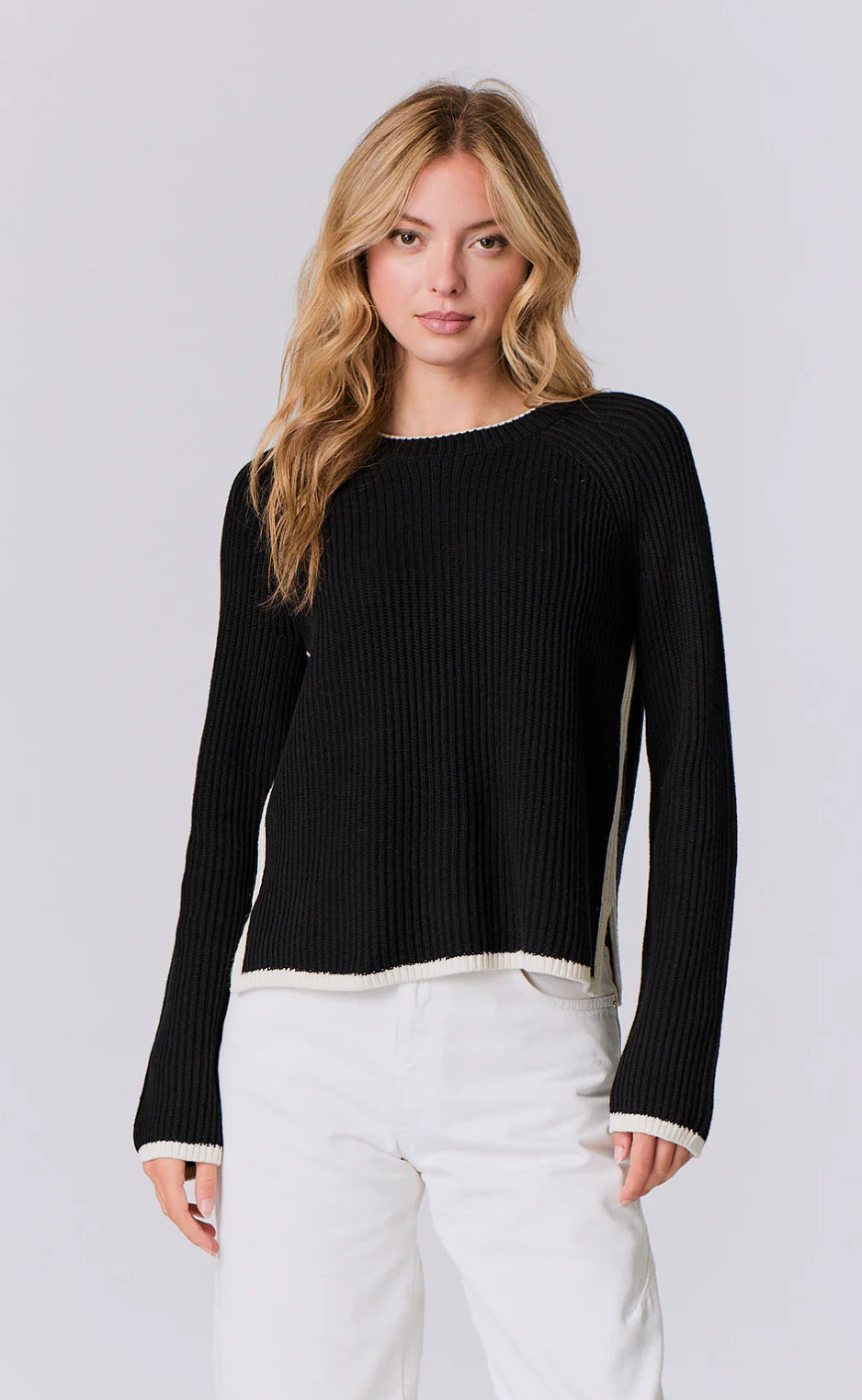 Contrast Trim Crew in Black Ivory