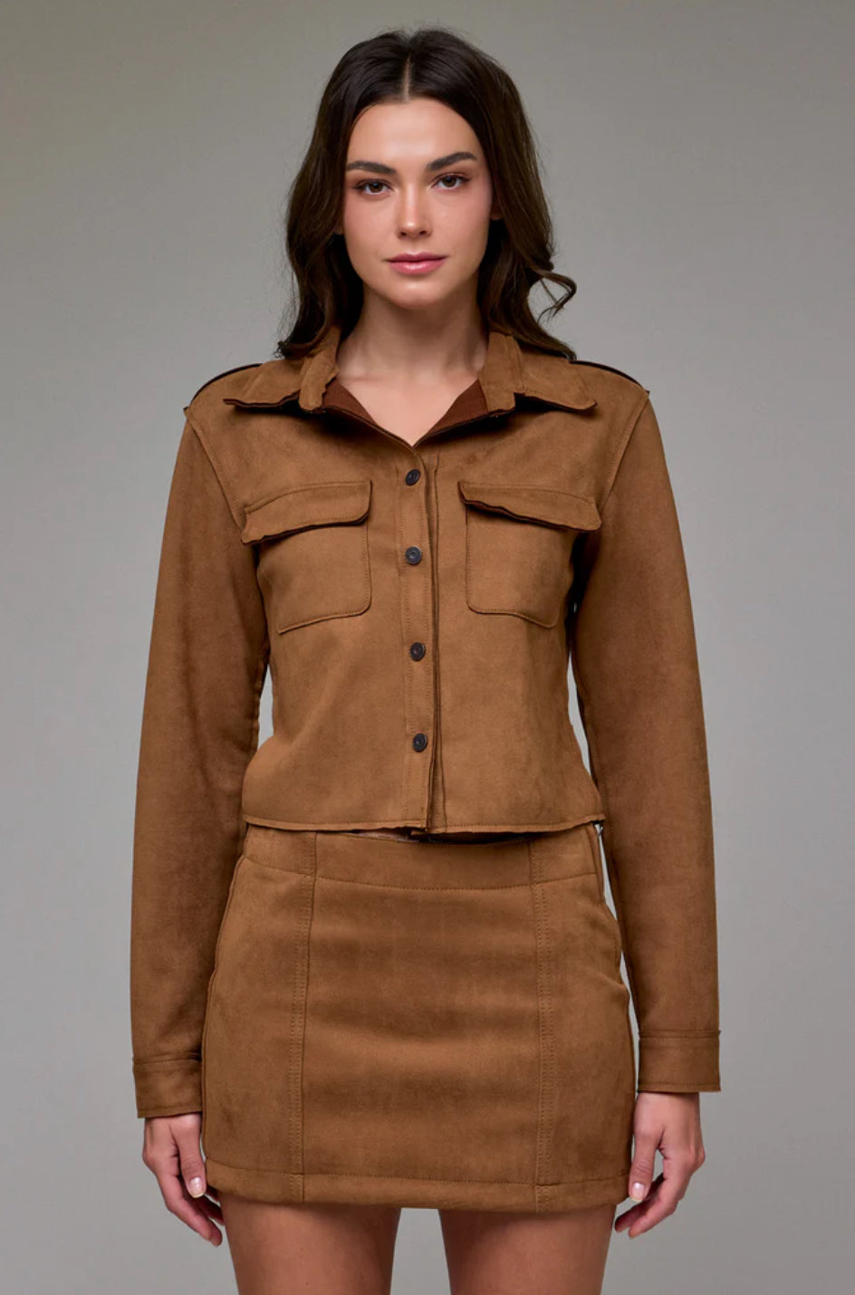 Abbey Shrunken Suede Button Up Shirt | Suede Caramel