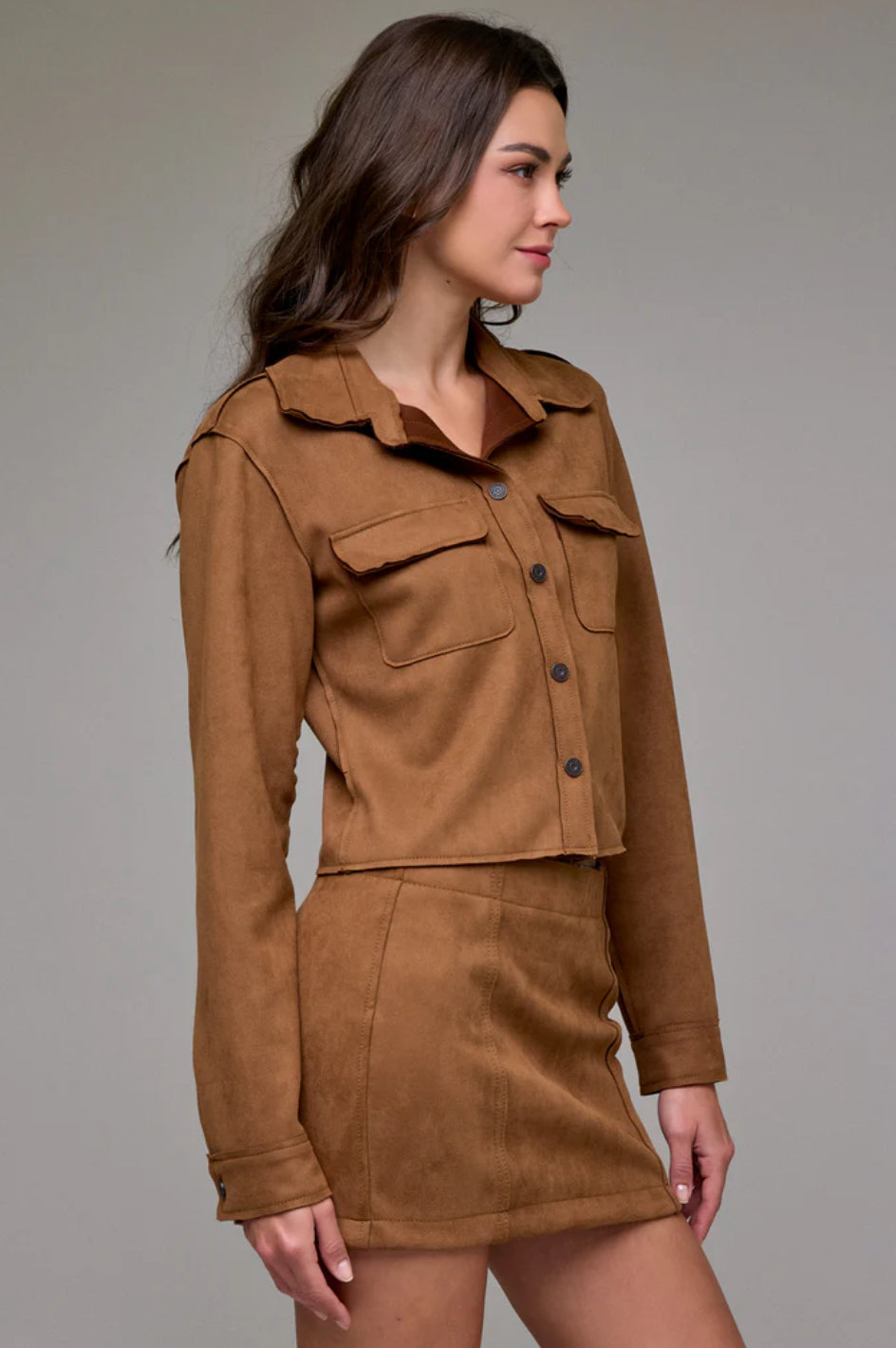 Abbey Shrunken Suede Button Up Shirt | Suede Caramel