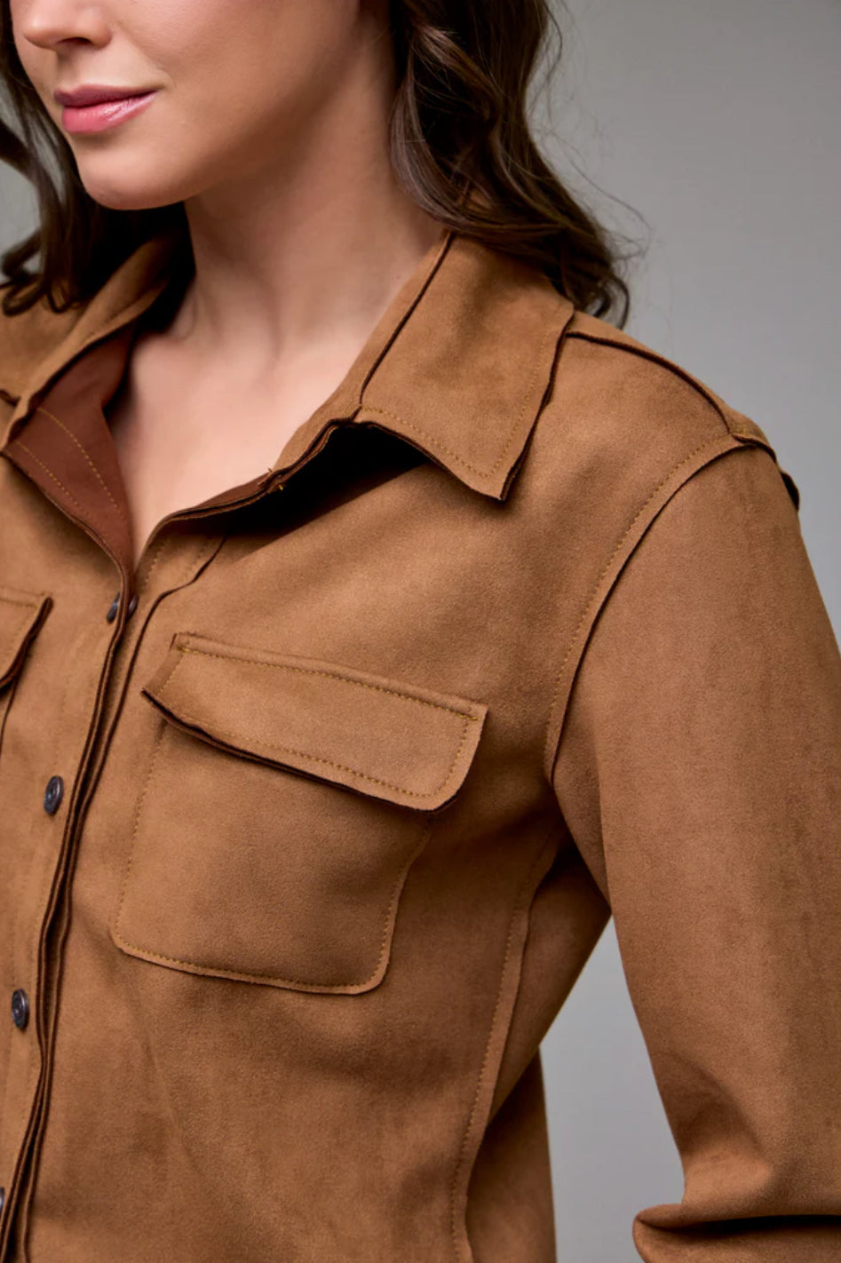 Abbey Shrunken Suede Button Up Shirt | Suede Caramel