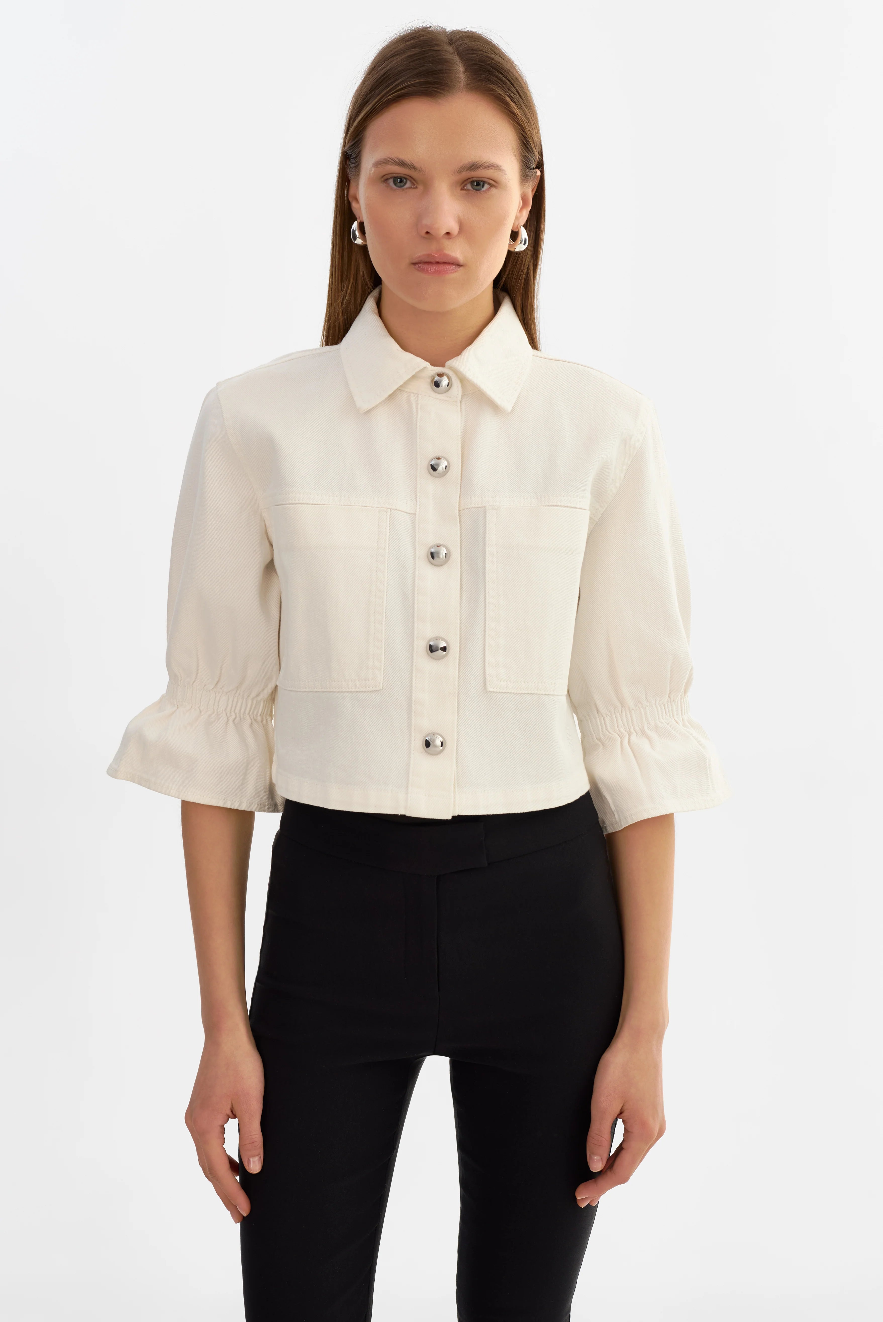 CAROLINA D | DENIM RUFFLE SLEEVE JACKET