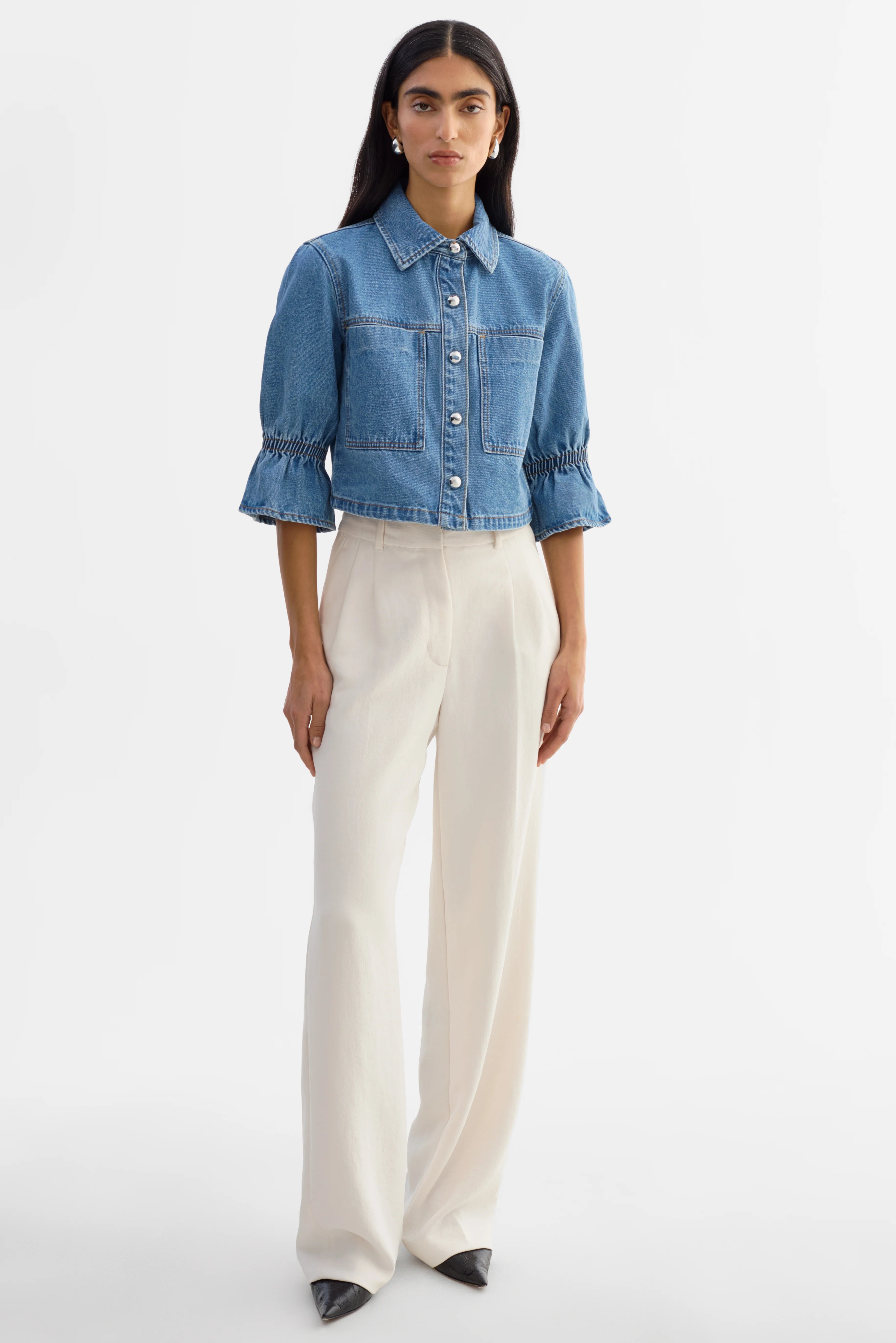CAROLINA D | DENIM RUFFLE SLEEVE JACKET