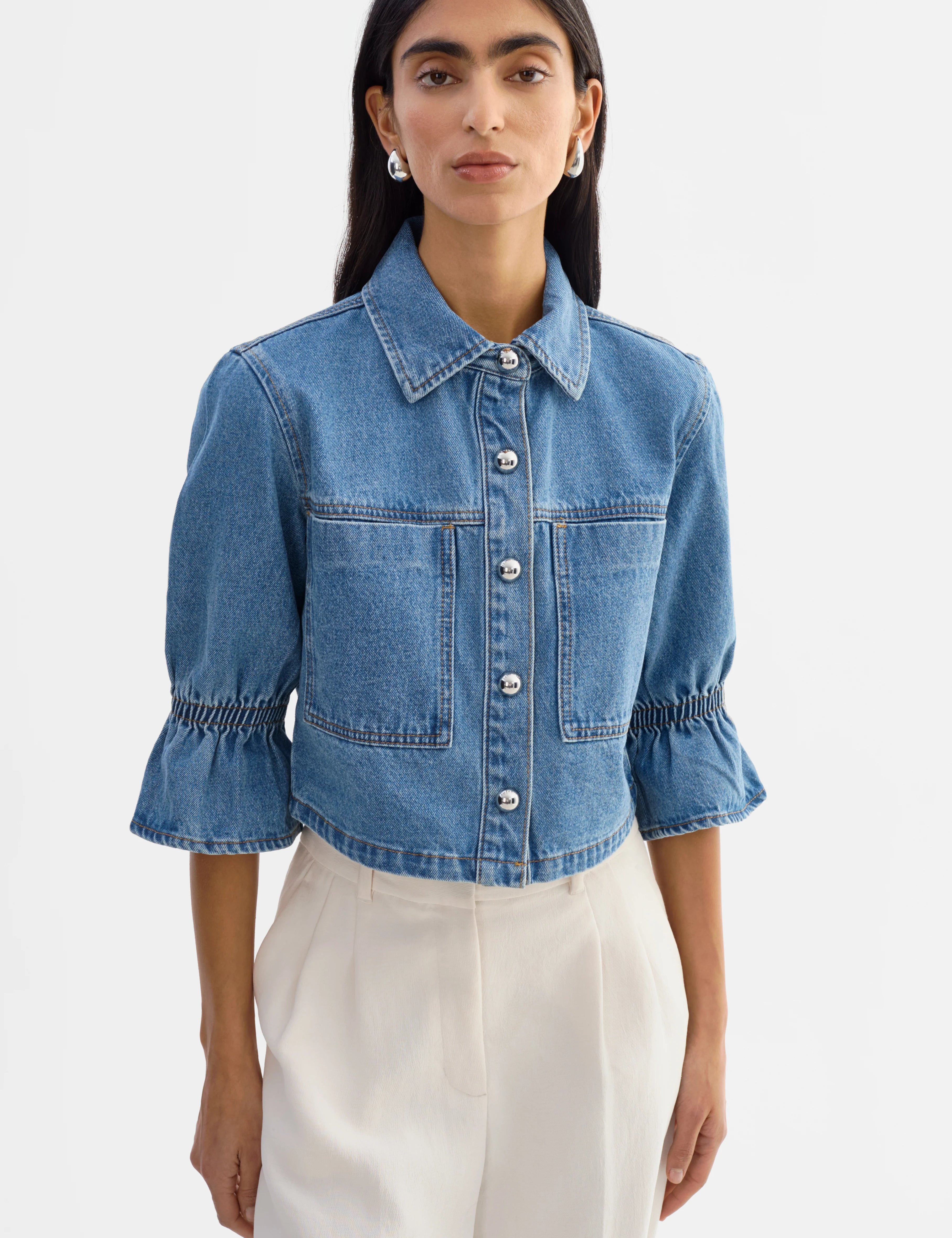 CAROLINA D | DENIM RUFFLE SLEEVE JACKET