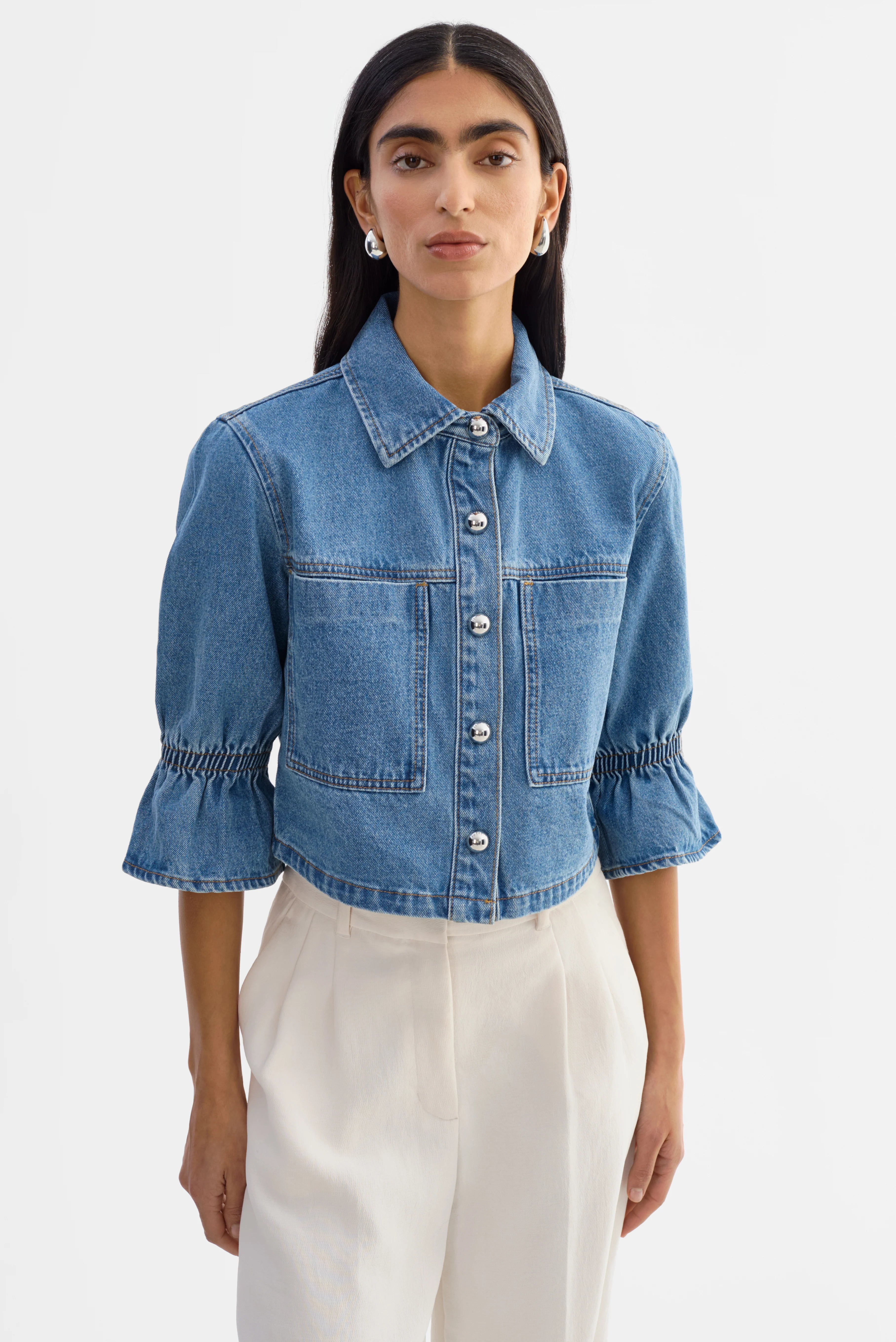 CAROLINA D | DENIM RUFFLE SLEEVE JACKET